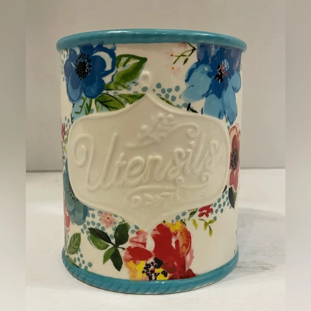 The Pioneer Woman Stoneware Utensil Holder Crock Melody Floral Embossed Utensils